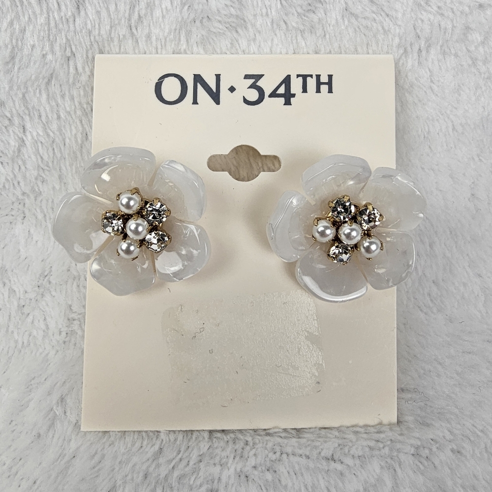 ON 34TH White Floral Statement Stud Earrings Pearl Rhinestone